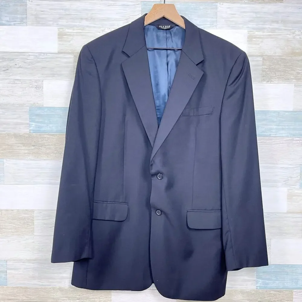 Jos A Bank Wool 2 Piece Suit Black Two Button Mens 43L Jacket 37L Pleated Pants